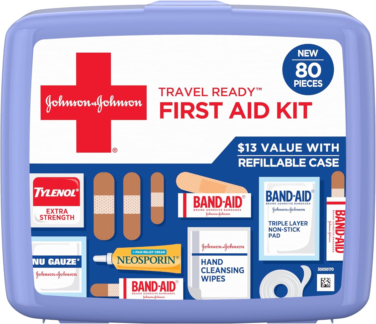 Band-Aid Travel Ready Portable Emergency First Aid Kit for Minor Wound Care with Assorted Adhesive Bandages, Gauze Pads  More, Ideal for Travel, Car  On-The-Go, 80 pc