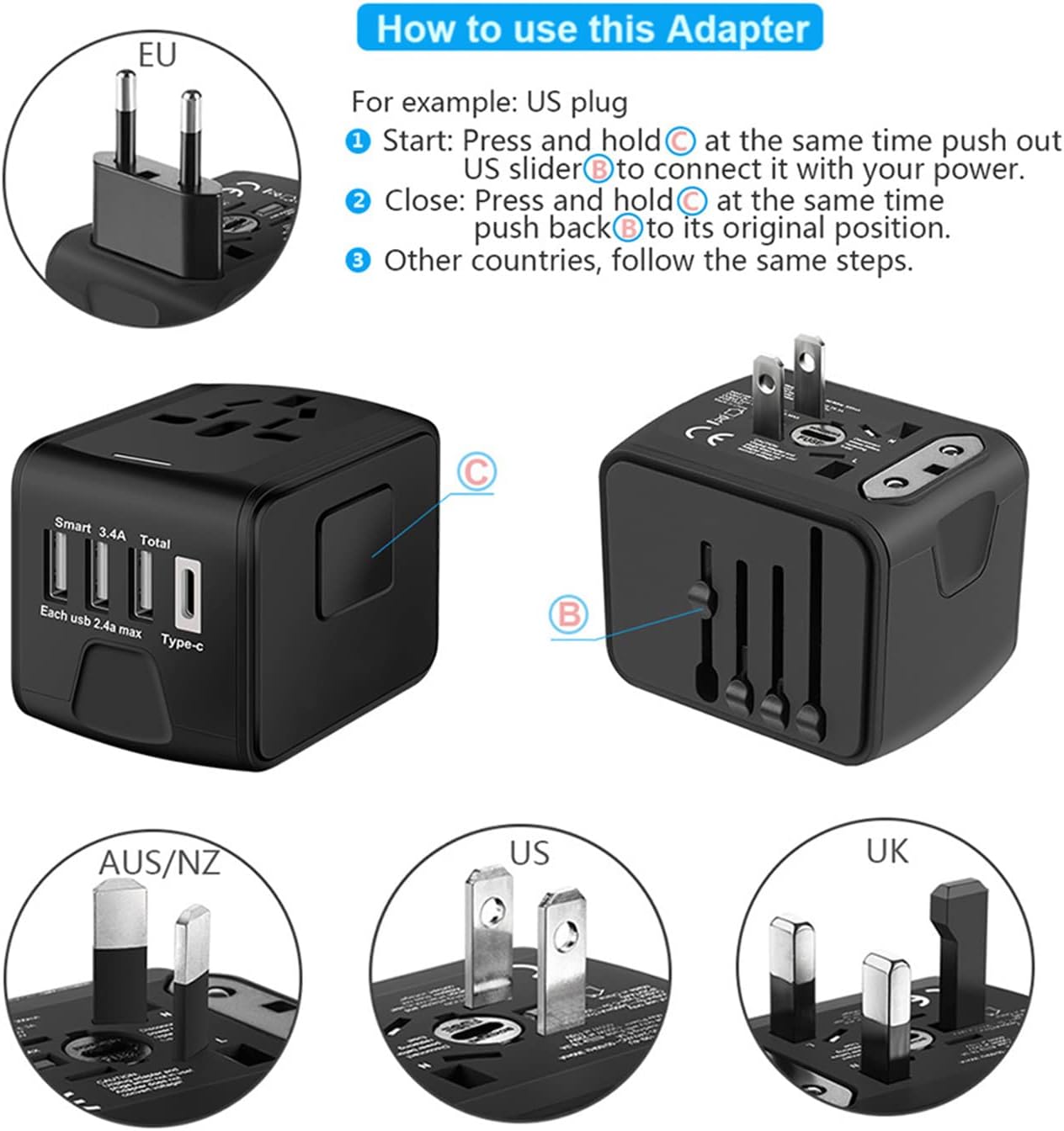 Travel Adapter Worldwide, Universal International Power Plug Adapter W/2.4A 3xUSB-A and 3.0A Type-C Wall Charger, European Travel Plug Adapter for Europe UK EU US CA AU Italy Asia-Blue