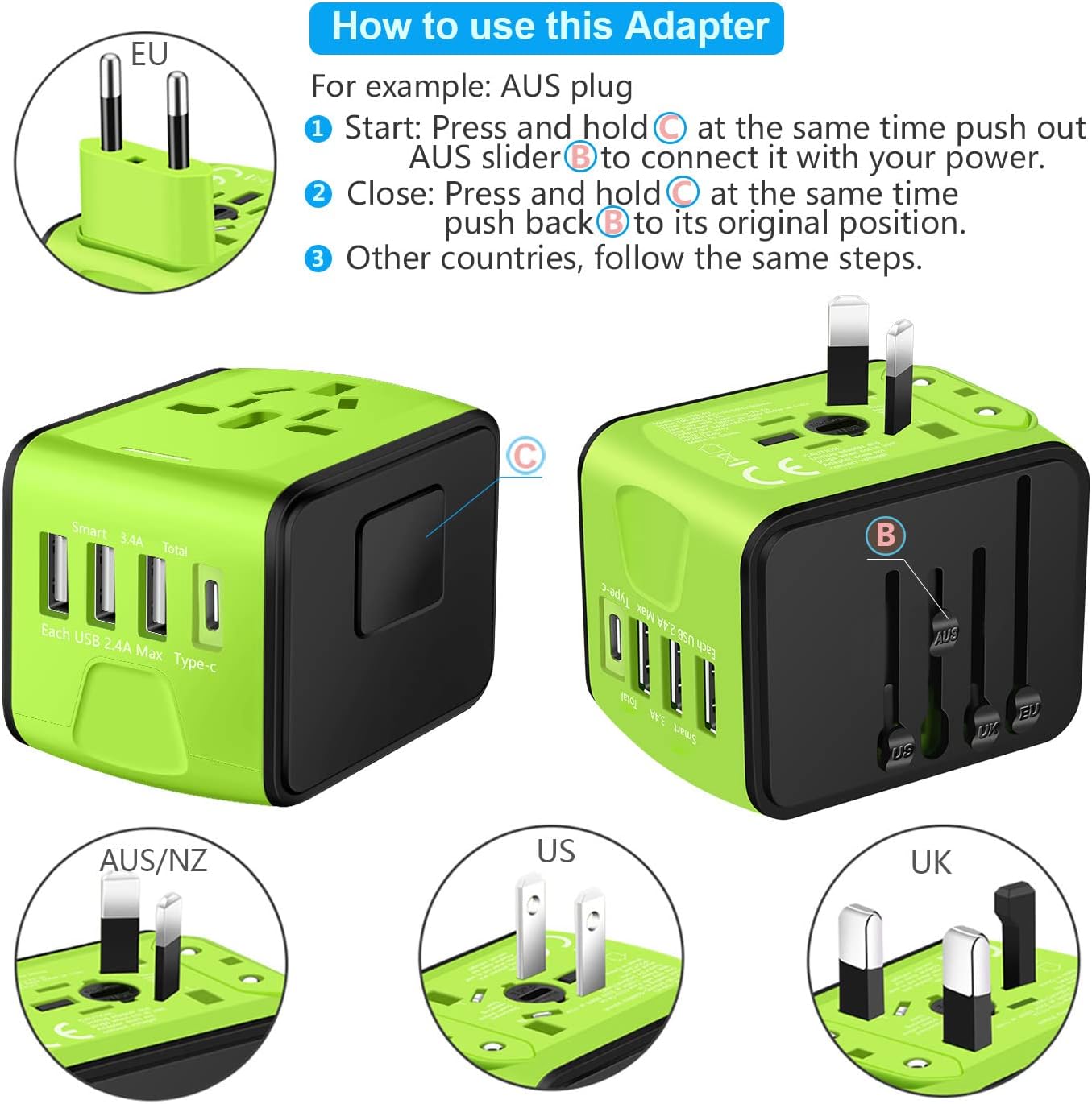 Travel Adapter Worldwide, Universal International Power Plug Adapter W/2.4A 3xUSB-A and 3.0A Type-C Wall Charger, European Travel Plug Adapter for Europe UK EU US CA AU Italy Asia-Blue