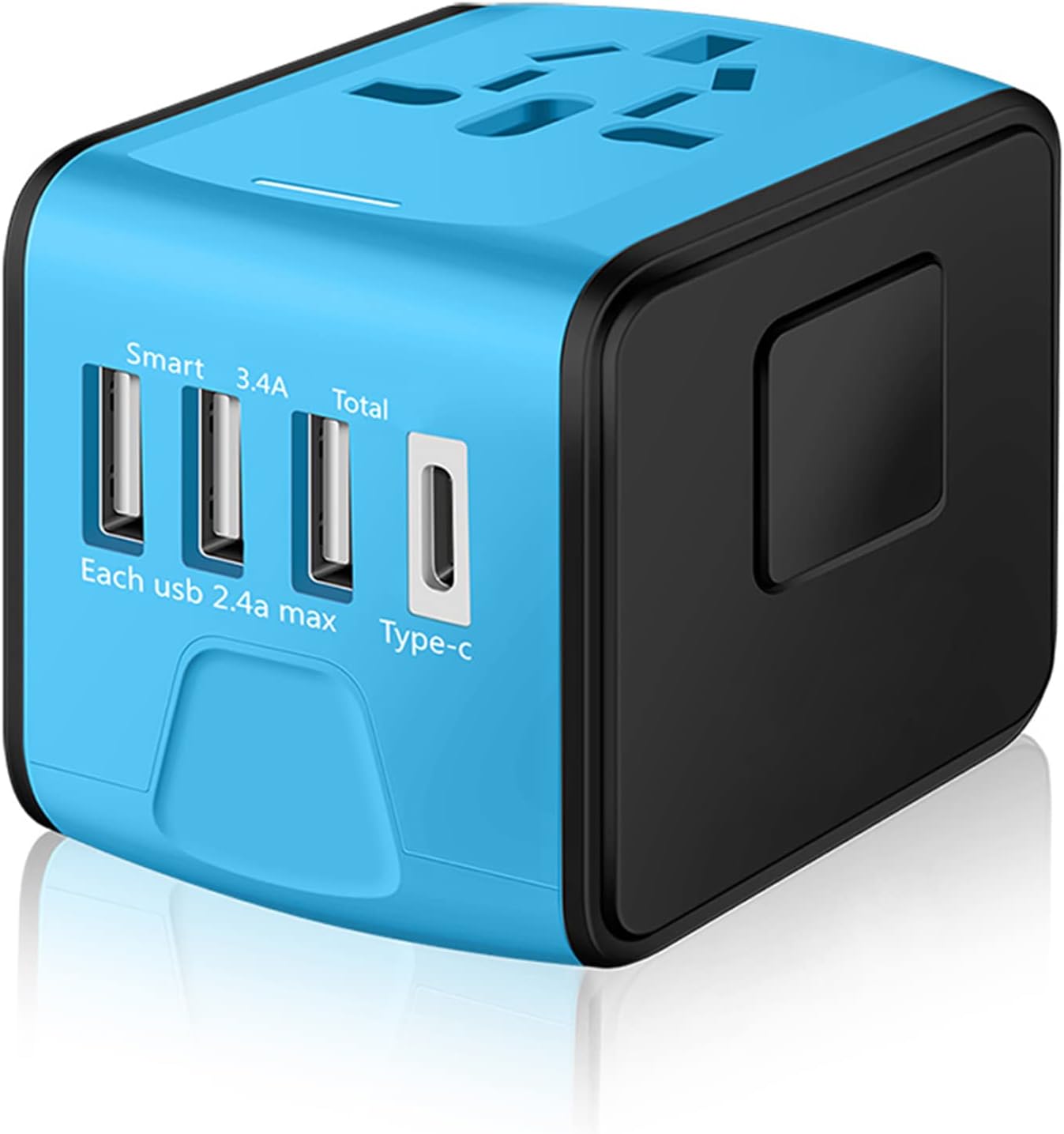 Travel Adapter Worldwide, Universal International Power Plug Adapter W/2.4A 3xUSB-A and 3.0A Type-C Wall Charger, European Travel Plug Adapter for Europe UK EU US CA AU Italy Asia-Blue