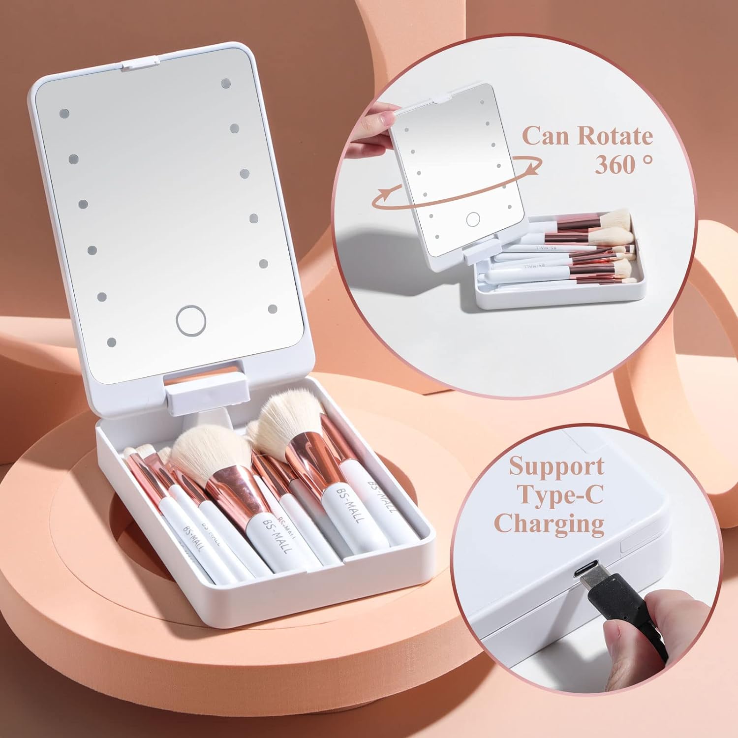 BS-MALL Travel Makeup Brush Set Foundation Powder Concealers Eye Shadows Makeup Set with LED light Mirror 14 Pcs Mini Makeup Brushes (APINK)