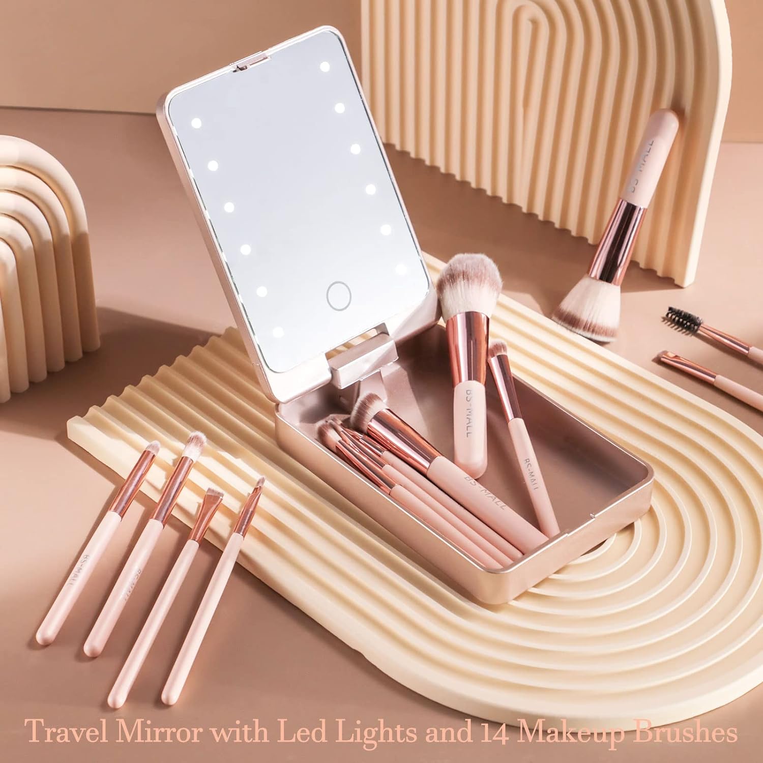 BS-MALL Travel Makeup Brush Set Foundation Powder Concealers Eye Shadows Makeup Set with LED light Mirror 14 Pcs Mini Makeup Brushes (APINK)