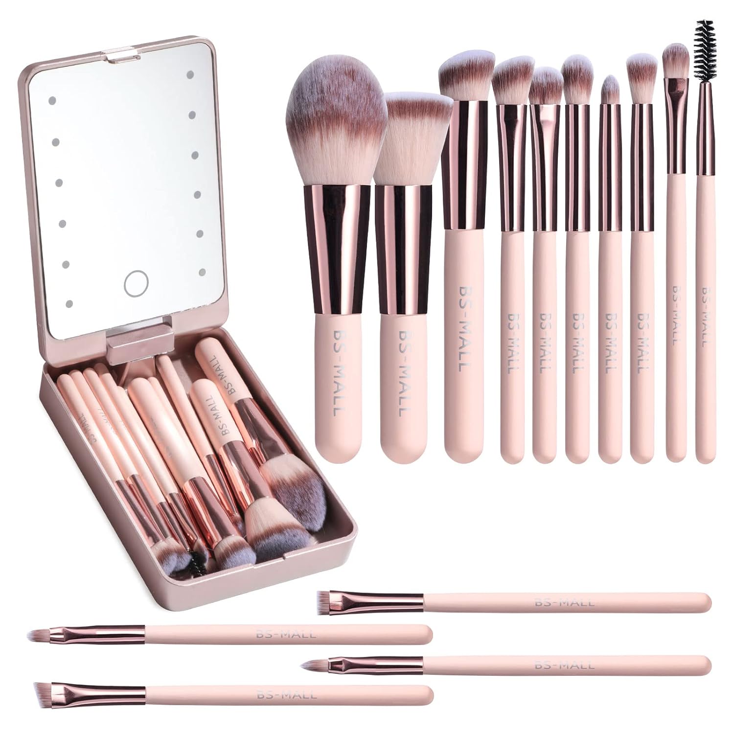 BS-MALL Travel Makeup Brush Set Foundation Powder Concealers Eye Shadows Makeup Set with LED light Mirror 14 Pcs Mini Makeup Brushes (APINK)