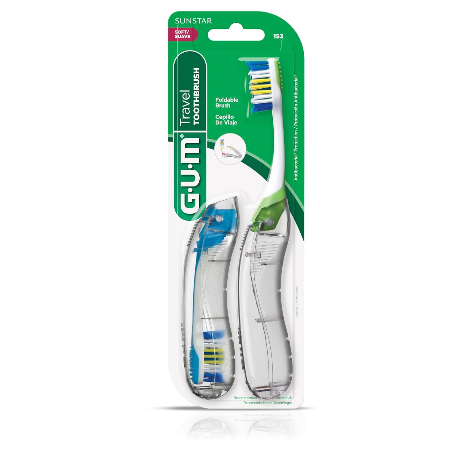 GUM Folding Travel Toothbrush, Compact Head + Tongue Cleaner, Soft Bristled Travel Toothbrushes for Adults, 2ct