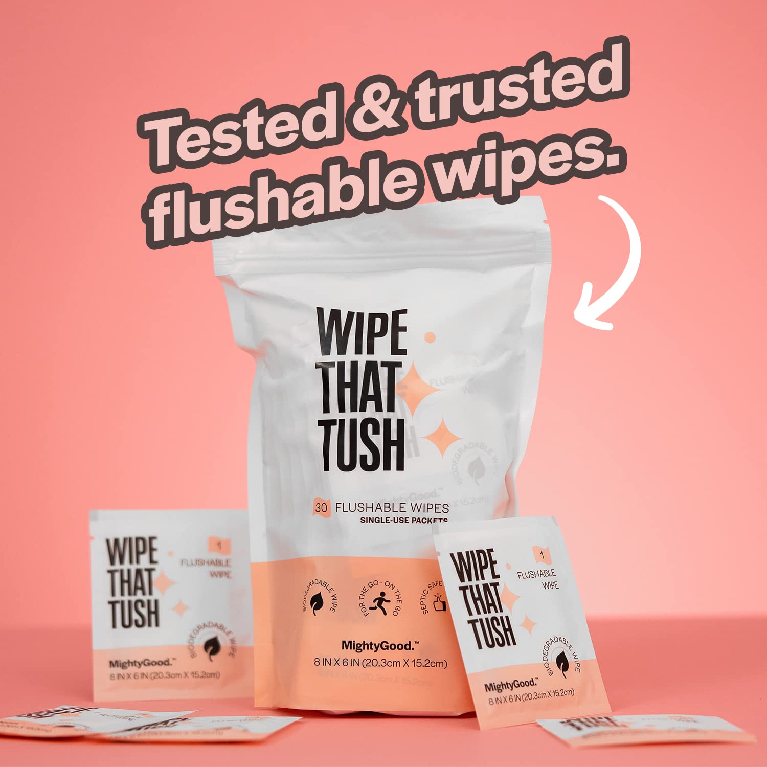 Wipe That Tush On-The-Go Flushable Wet Wipes - 1 Pack, 30 Wipes - Individually Wrapped Extra-Large Wipes with Aloe - Hypoallergenic  Unscented - Septic and Sewer Safe