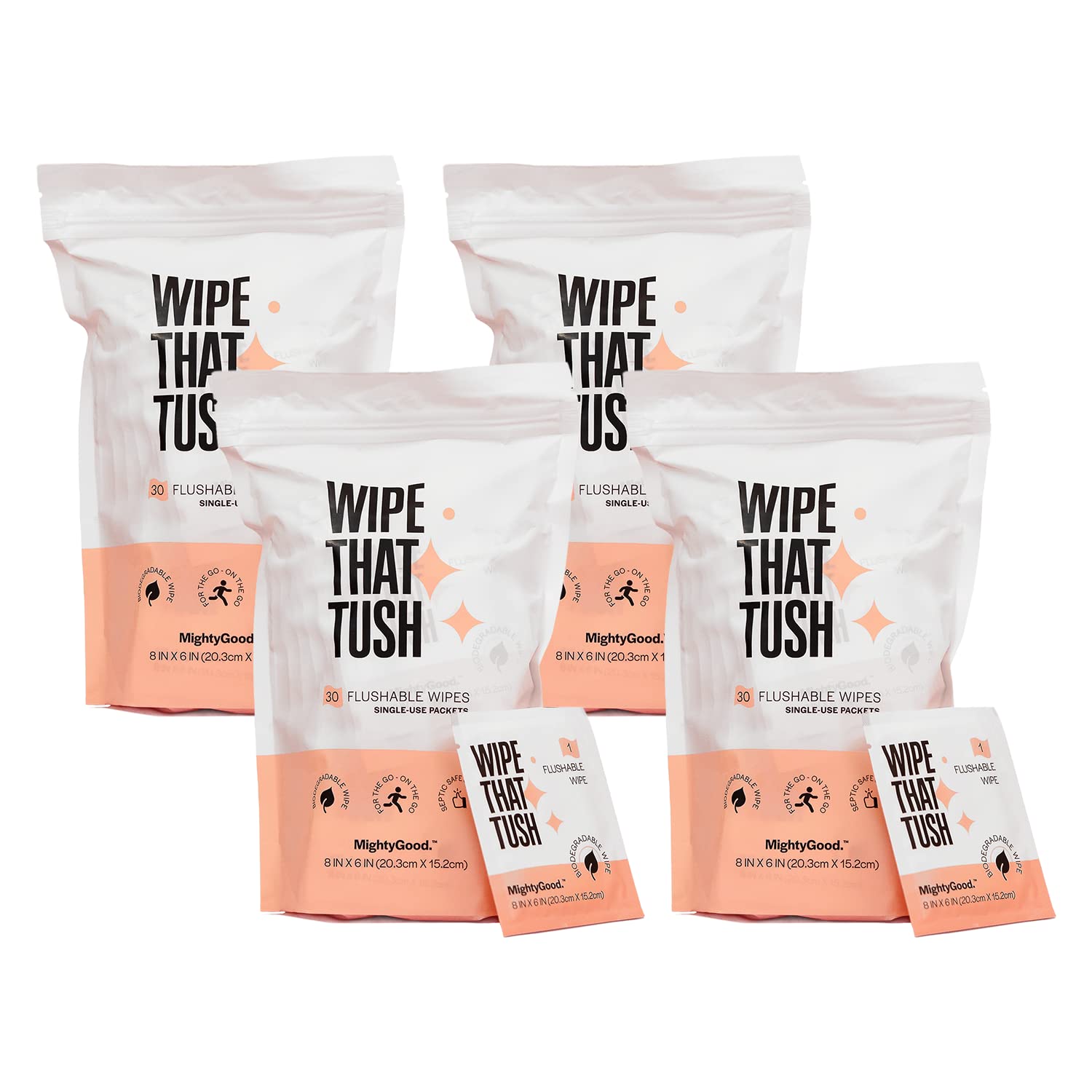 Wipe That Tush On-The-Go Flushable Wet Wipes - 1 Pack, 30 Wipes - Individually Wrapped Extra-Large Wipes with Aloe - Hypoallergenic  Unscented - Septic and Sewer Safe