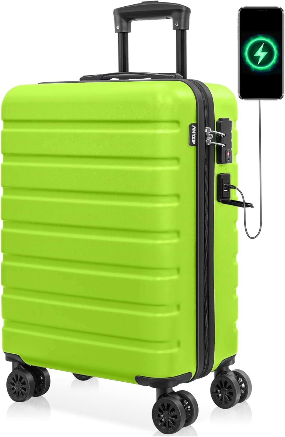 AnyZip Carry On Luggage 21 Hardside PC ABS Lightweight USB Suitcase with Wheels TSA Lock AppleGreen