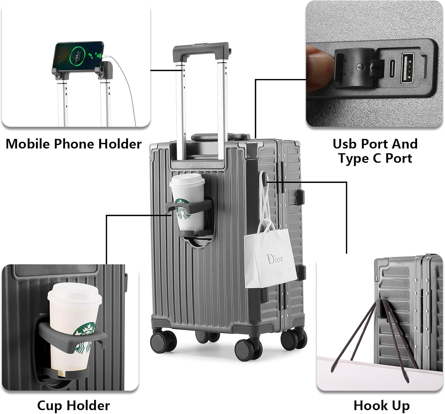 Carry On Luggage 22x14x9 Airline Approved - Luggage with Cup Holder, Front Pocket, USB Port, Aluminum Frame Carry On Suitcases with Spinner Wheels and TSA Lock (White, 20-lnch)