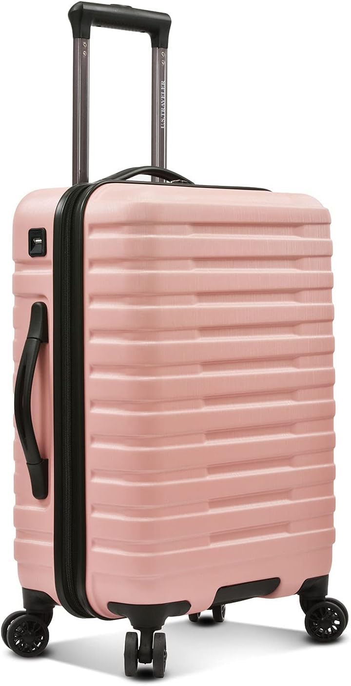 U.S. Traveler Boren Polycarbonate Hardside Rugged Travel Suitcase Luggage with 8 Spinner Wheels, Aluminum Handle, Pink, Carry-on 22-Inch, USB Port