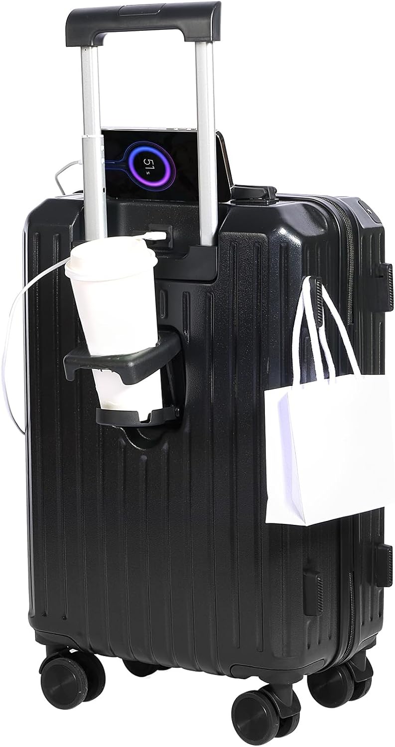 YANQIAO Carry-on Luggage with Cup Holder  USB Charging Port, Hard Side Luggage with Spinner Wheels, Lightweight Luggage for Travel, Business, School (Black, Carry-On 20-Inch)